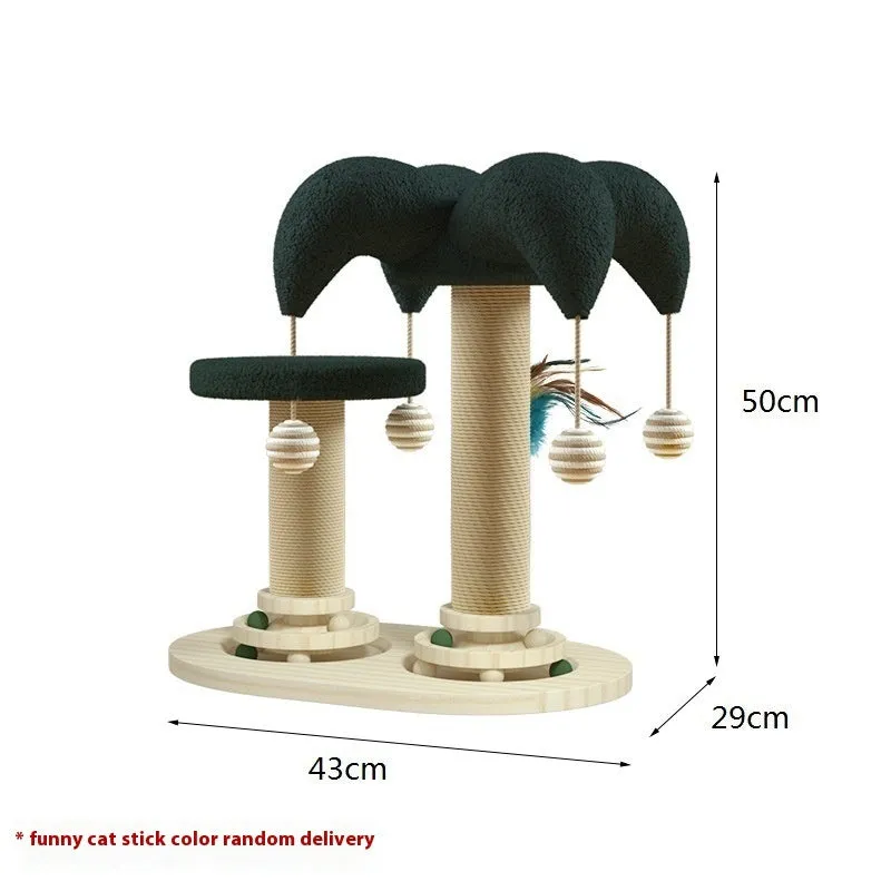Solid wood cat scratching post with sisal rope and a rotating turntable in a panda design.