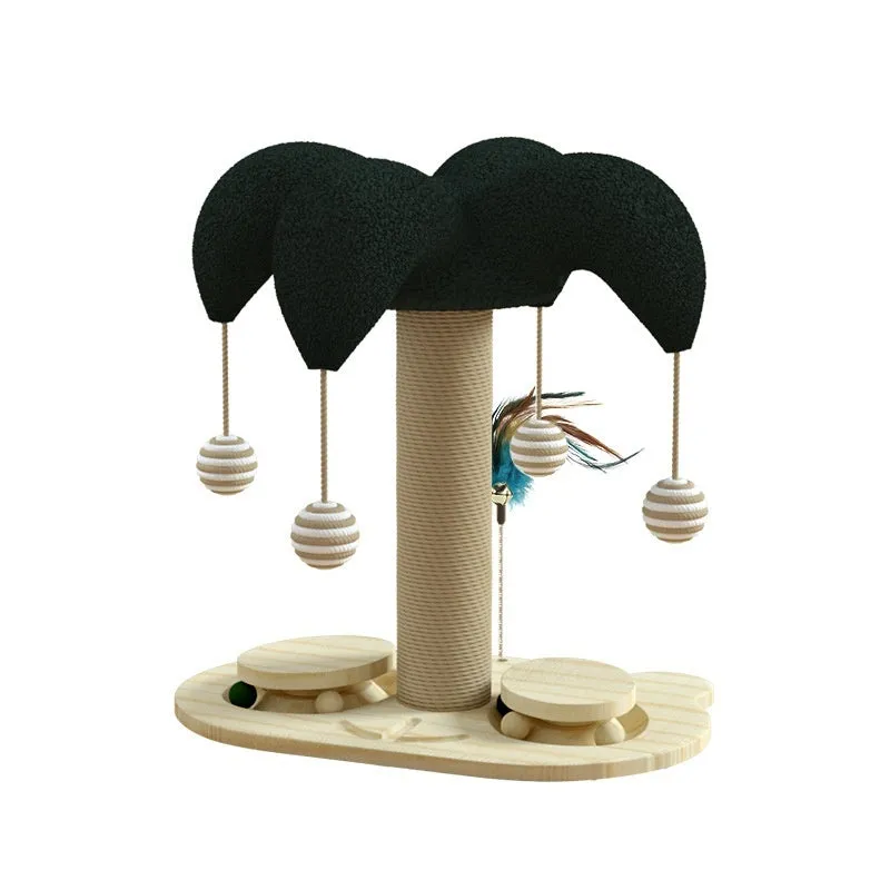 Solid wood cat scratching post with sisal rope and a rotating turntable in a panda design.