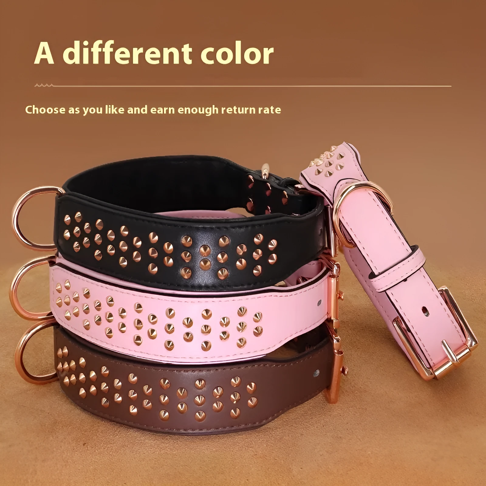 Leather dog collar with anti-bite rivets and a metal D-ring in black colour