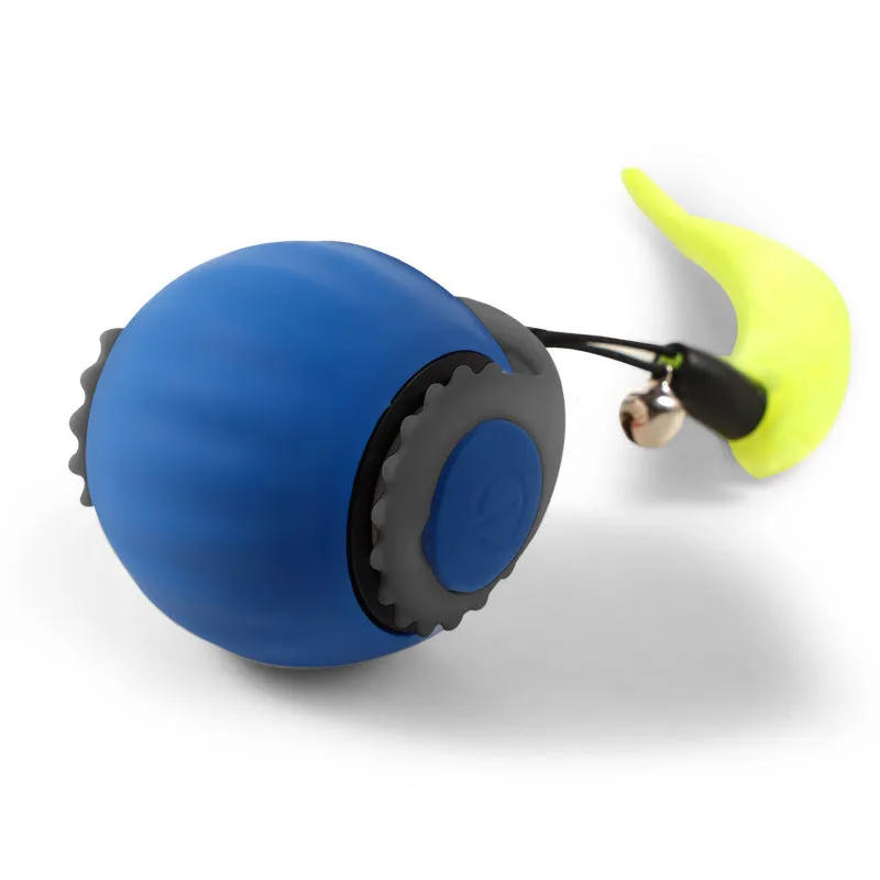 Orange and blue silicone gravity-powered cat toy with rolling ball and gun grip attachment options