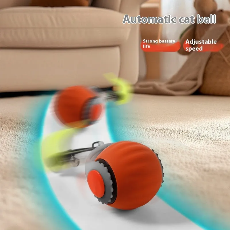 Orange and blue silicone gravity-powered cat toy with rolling ball and gun grip attachment options