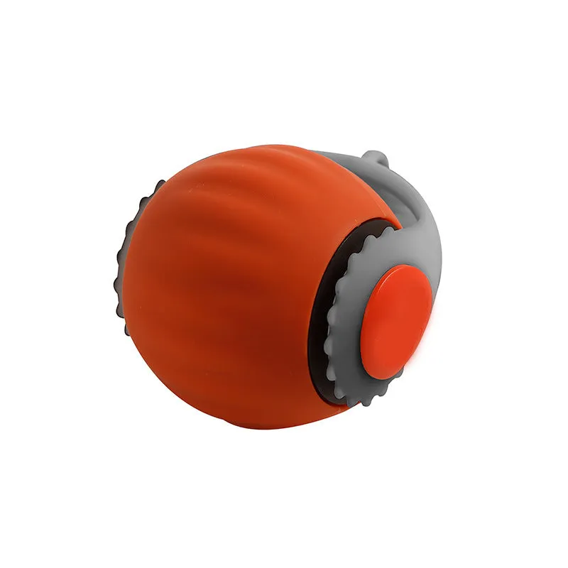 Orange and blue silicone gravity-powered cat toy with rolling ball and gun grip attachment options