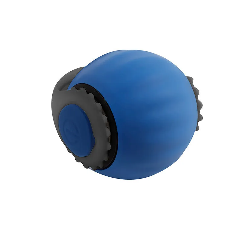 Orange and blue silicone gravity-powered cat toy with rolling ball and gun grip attachment options