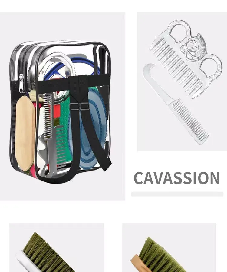 Complete 10-piece horse grooming kit showing brushes, combs, water scraper and storage bag