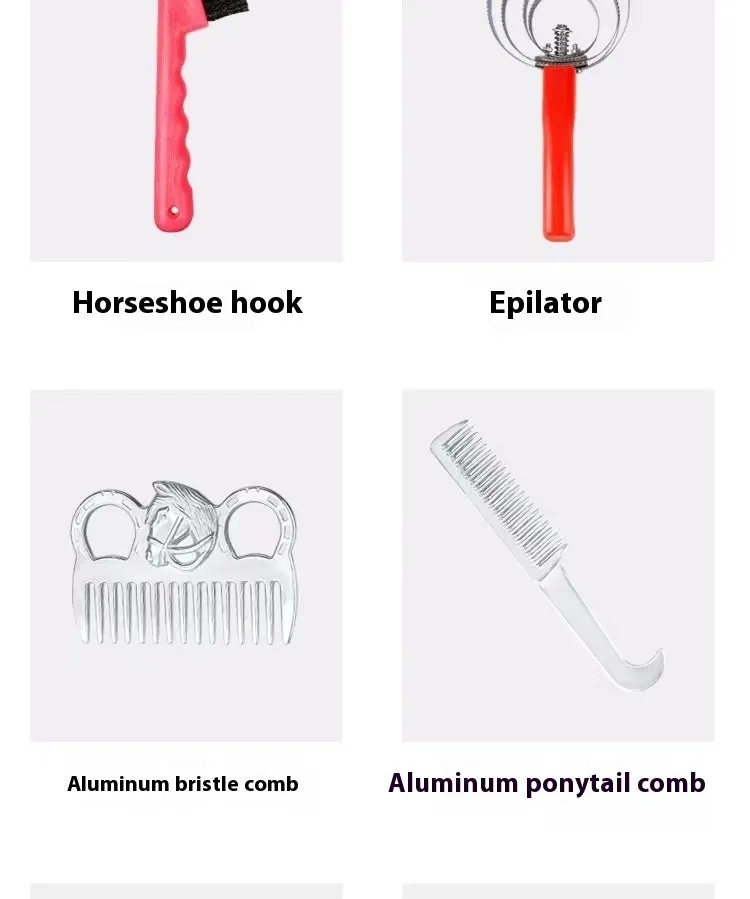 Complete 10-piece horse grooming kit showing brushes, combs, water scraper and storage bag