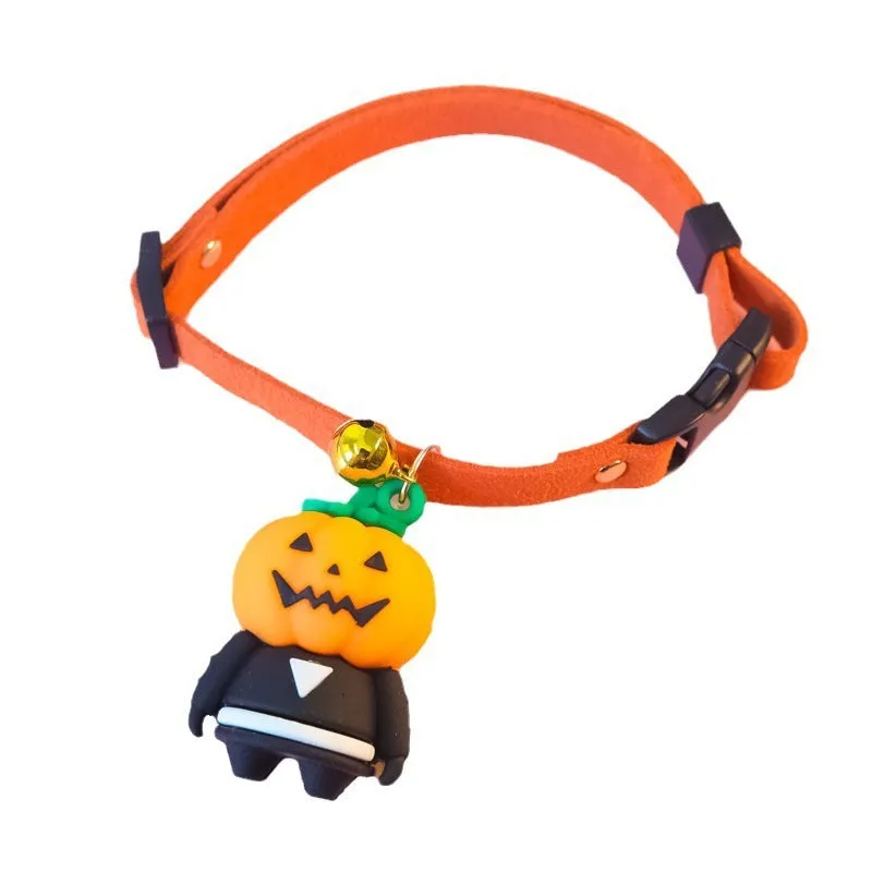 Polyester Halloween dog collar decoration showing pumpkin man, luminous brat, and luminous skull cartoon patterns.