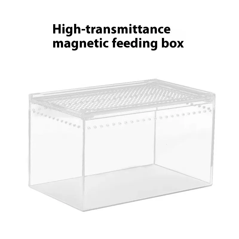 Clear acrylic reptile feeding box showing transparent sides and ventilation, next to a size chart.