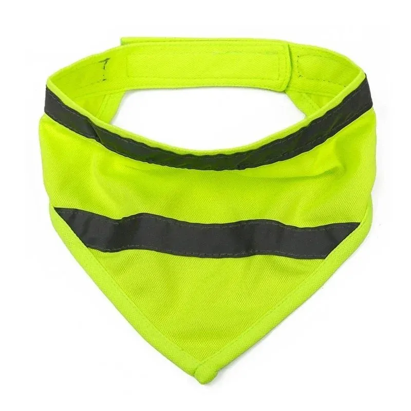 Yellow and orange reflective dog bandana with adhesive strap, shown in small, medium, and large sizes.