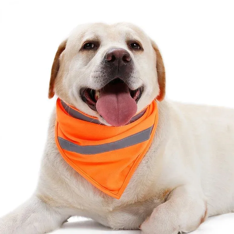 Yellow and orange reflective dog bandana with adhesive strap, shown in small, medium, and large sizes.
