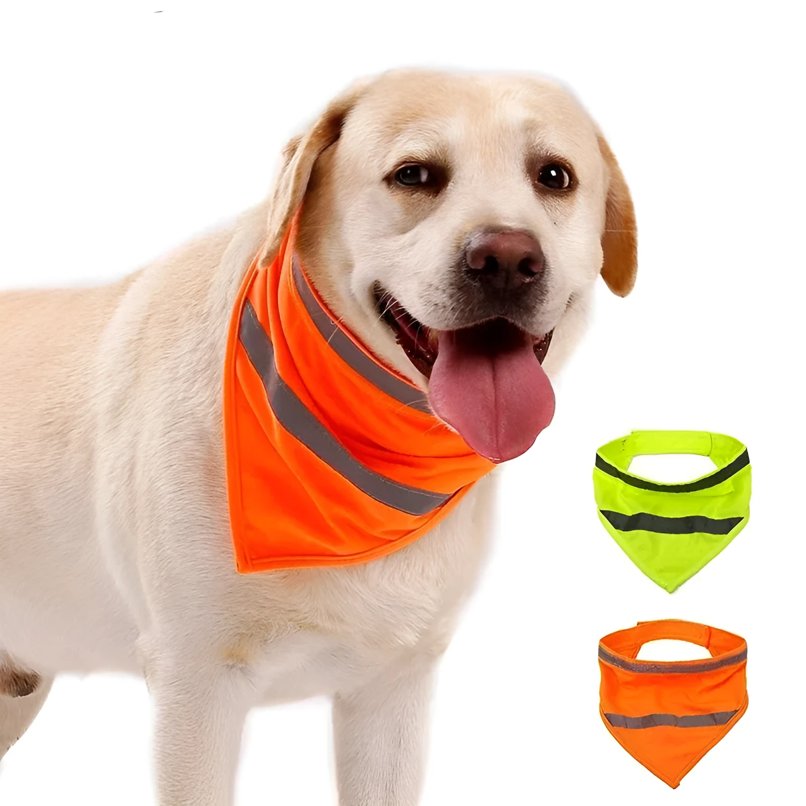 Yellow and orange reflective dog bandana with adhesive strap, shown in small, medium, and large sizes.