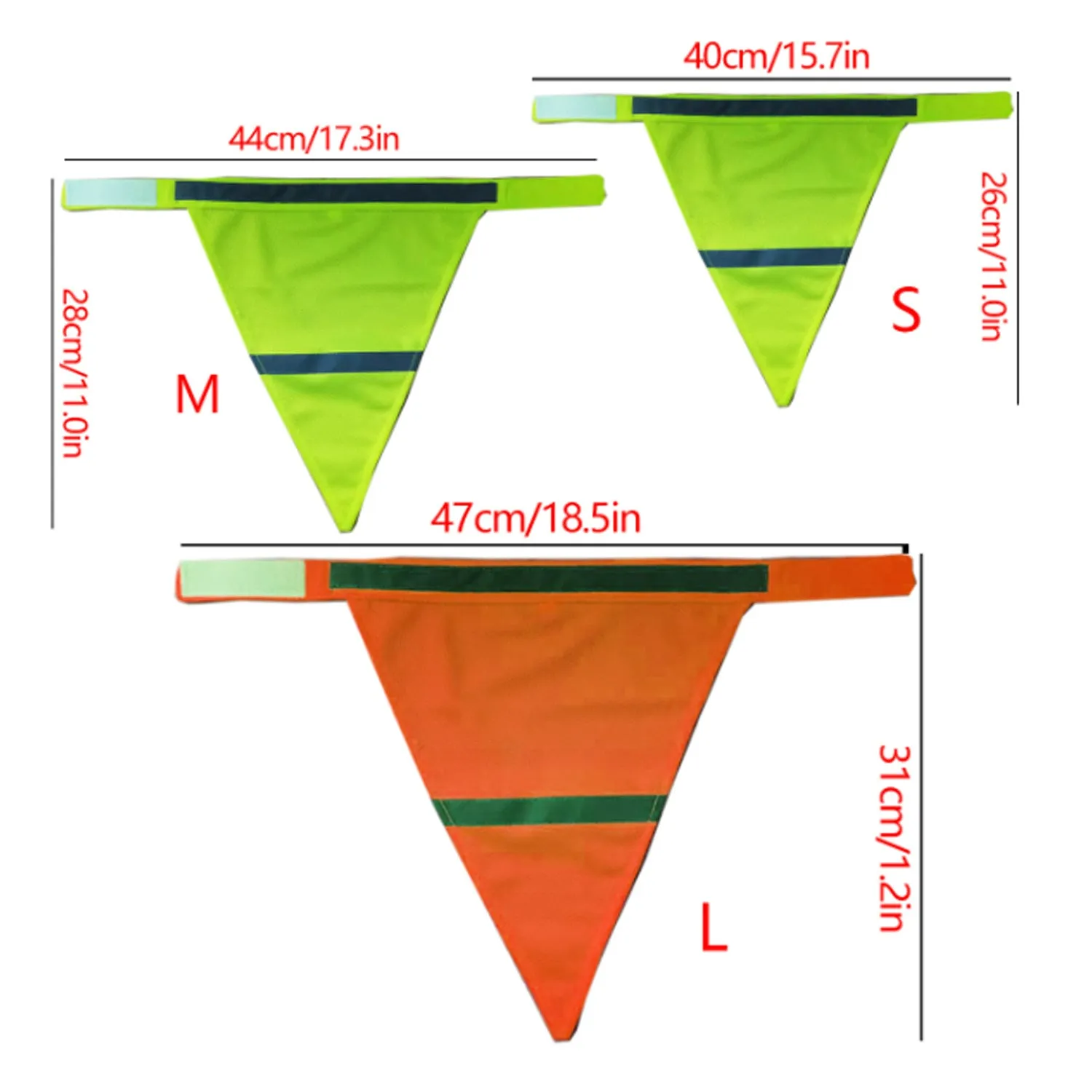 Yellow and orange reflective dog bandana with adhesive strap, shown in small, medium, and large sizes.