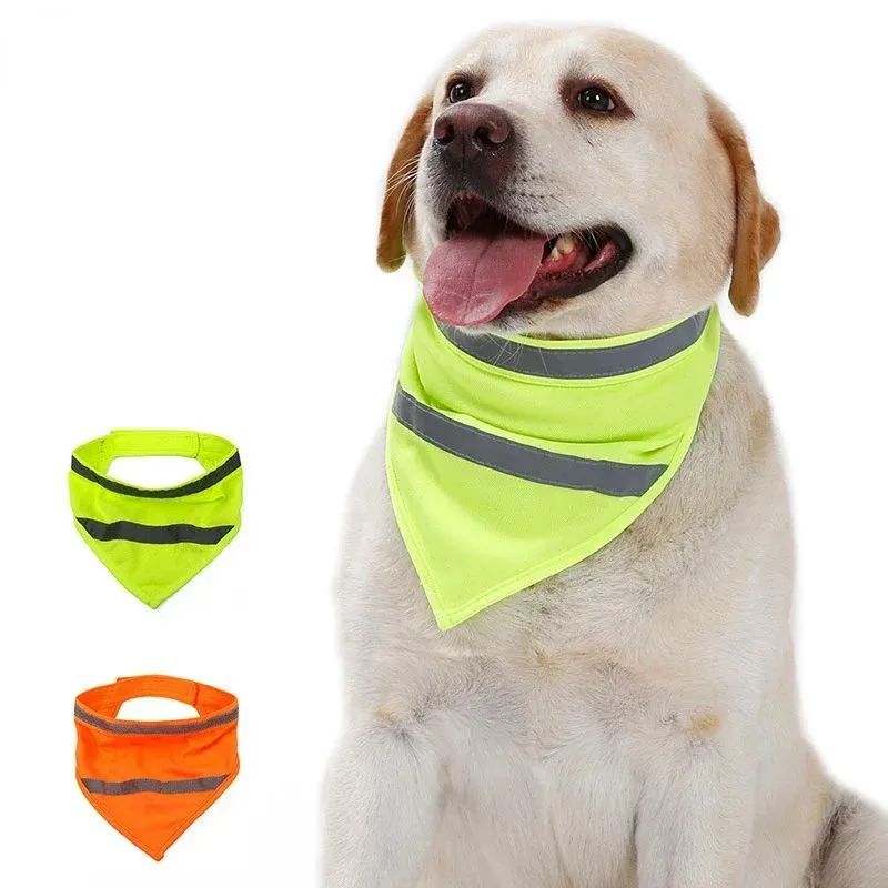 Yellow and orange reflective dog bandana with adhesive strap, shown in small, medium, and large sizes.