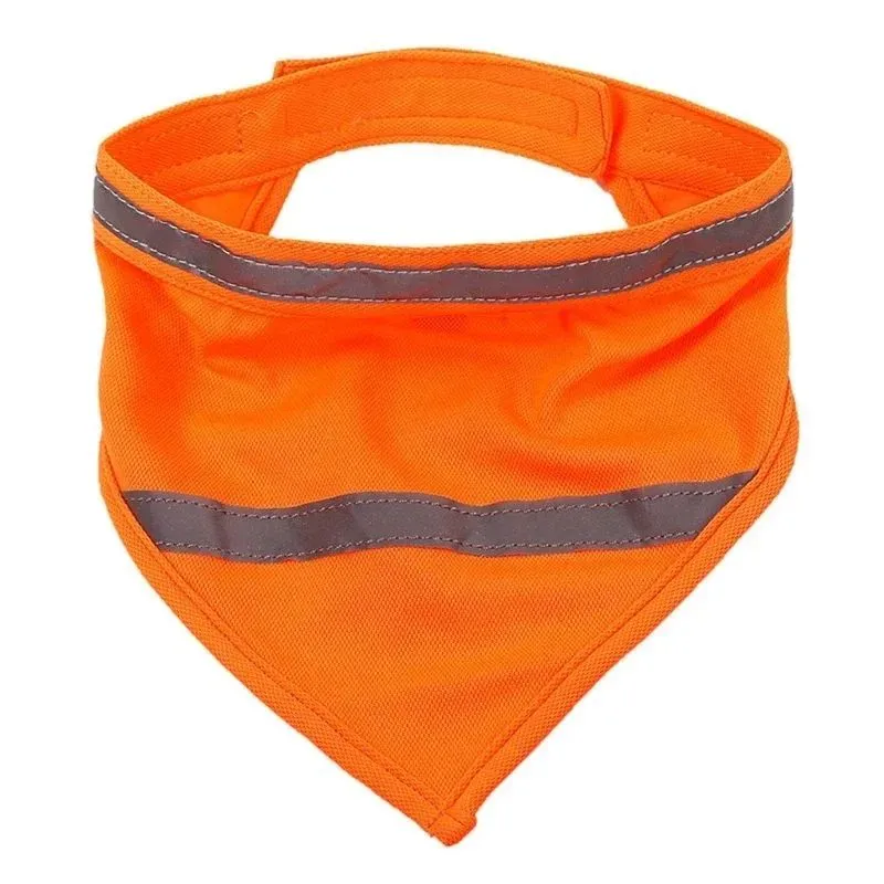 Yellow and orange reflective dog bandana with adhesive strap, shown in small, medium, and large sizes.