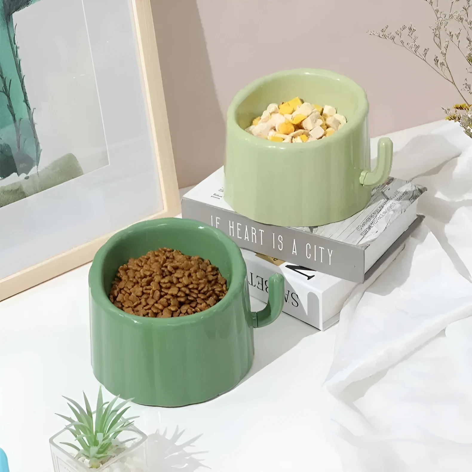 Dark green ceramic cat bowl on a raised cactus-design stand with wide rim and anti-slip base.