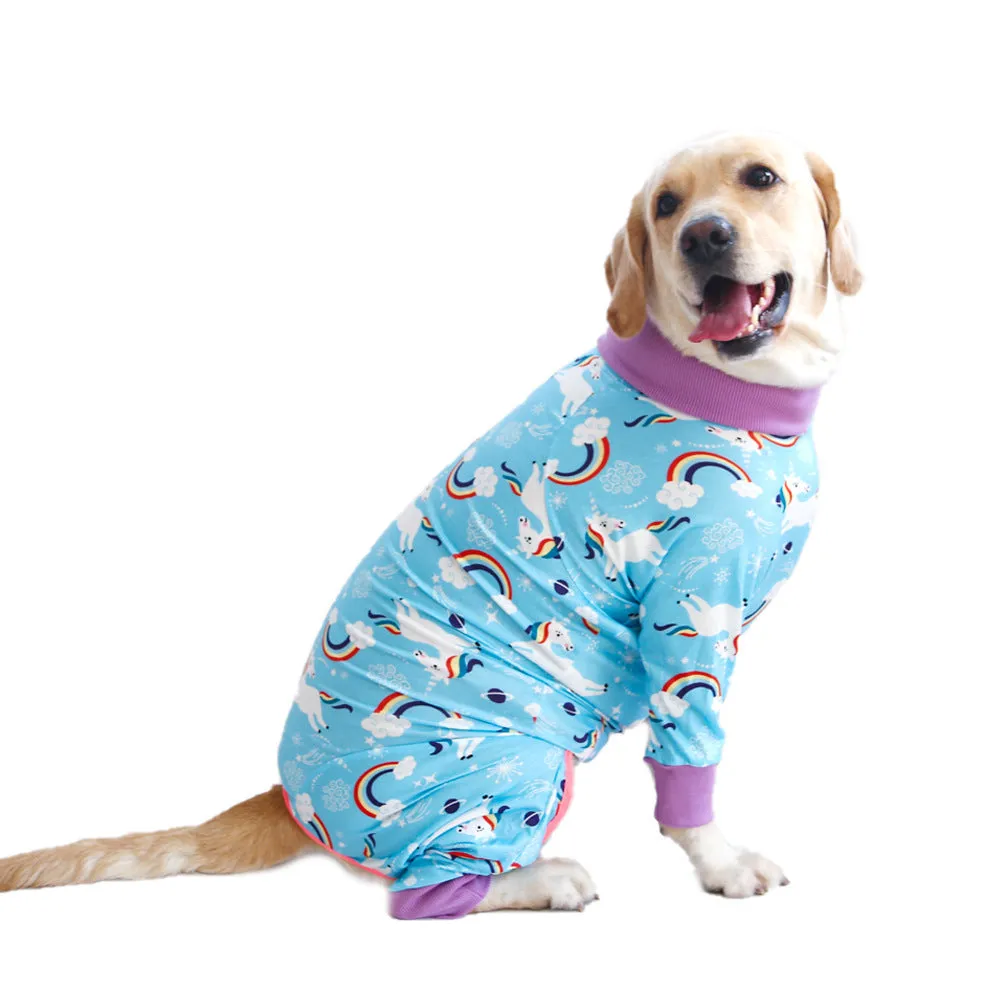 Cotton dog jumpsuit pet clothing in a printed pattern, shown in one of 42 available colours, sized for a small to medium dog.