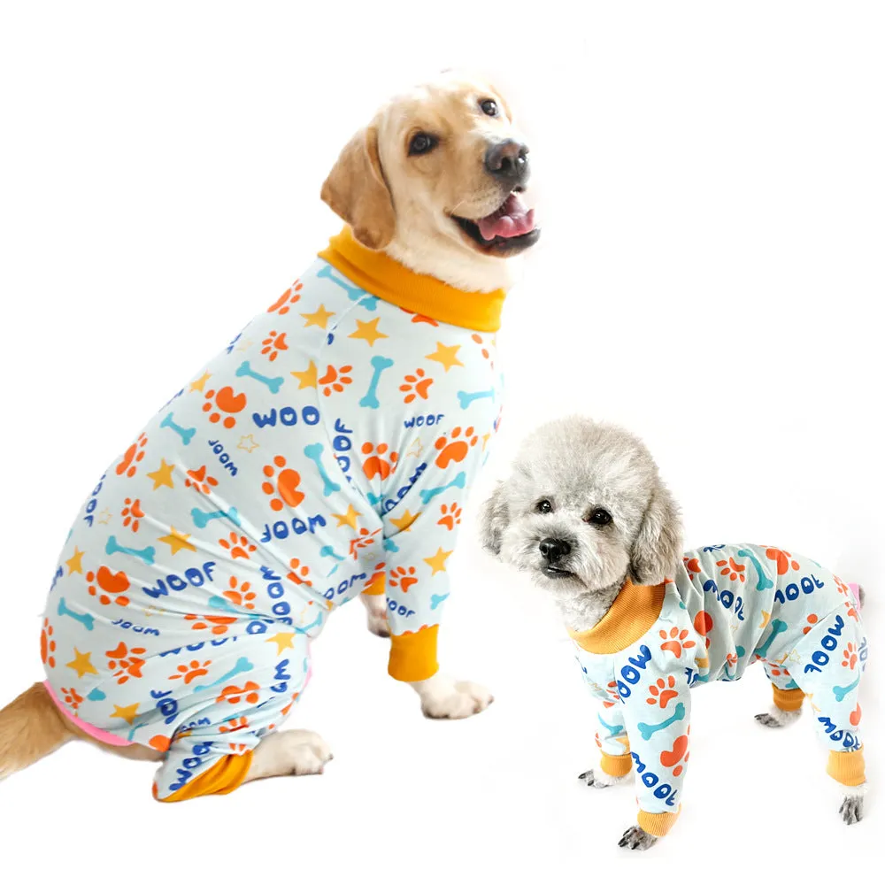 Cotton dog jumpsuit pet clothing in a printed pattern, shown in one of 42 available colours, sized for a small to medium dog.
