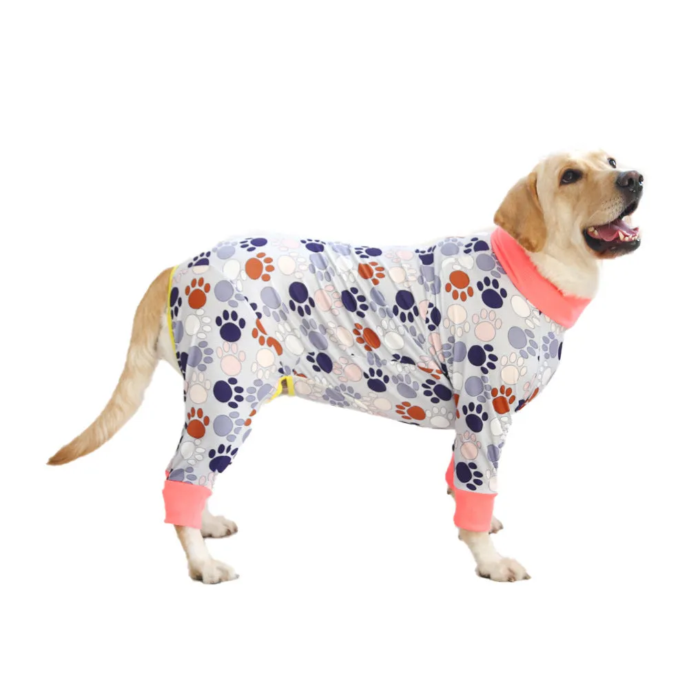 Cotton dog jumpsuit pet clothing in a printed pattern, shown in one of 42 available colours, sized for a small to medium dog.