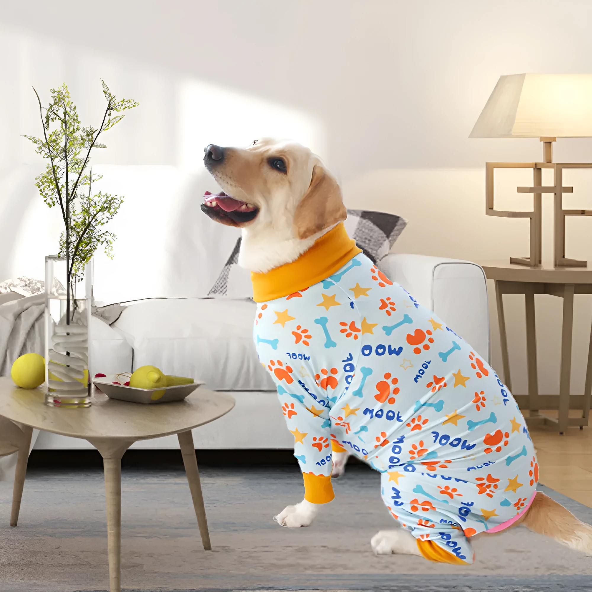 Cotton dog jumpsuit pet clothing in a printed pattern, shown in one of 42 available colours, sized for a small to medium dog.