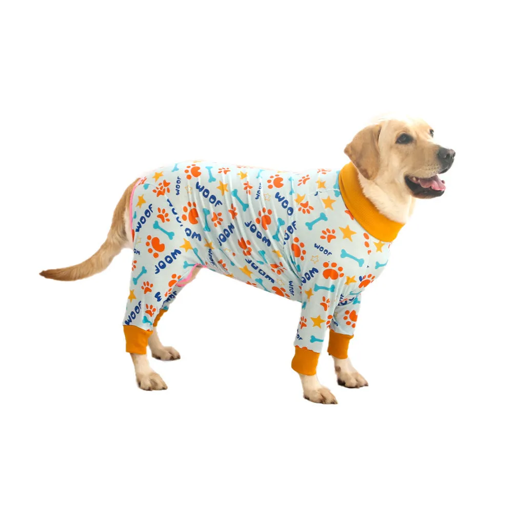 Cotton dog jumpsuit pet clothing in a printed pattern, shown in one of 42 available colours, sized for a small to medium dog.