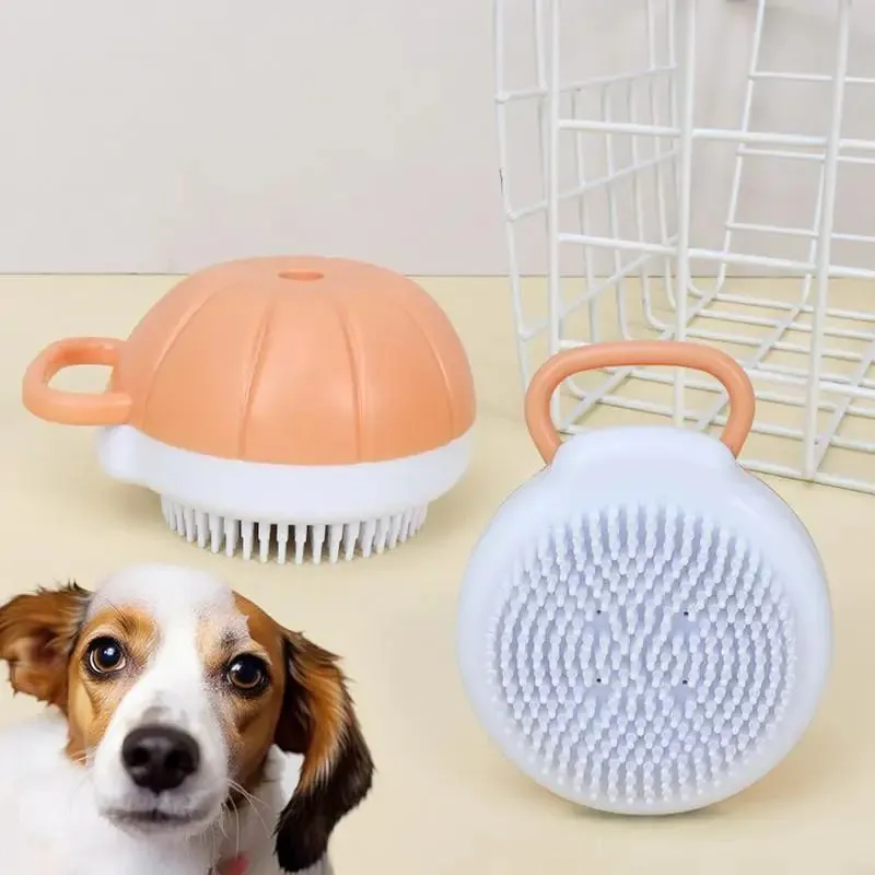 Orange TPR dog shampoo brush with silicone comb teeth and pumpkin-shaped ergonomic handle