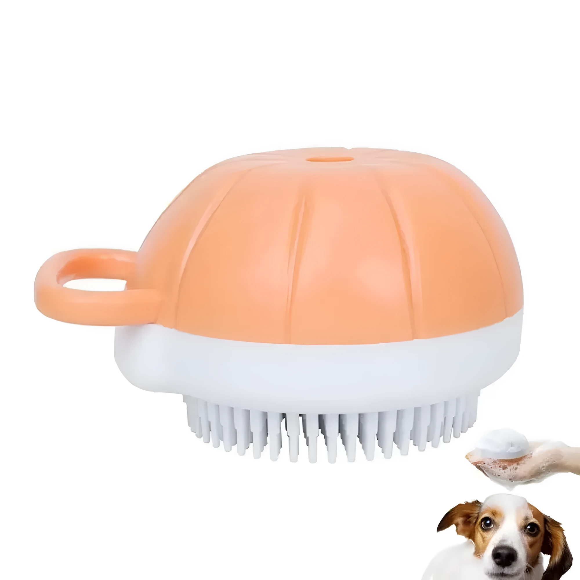 Orange TPR dog shampoo brush with silicone comb teeth and pumpkin-shaped ergonomic handle