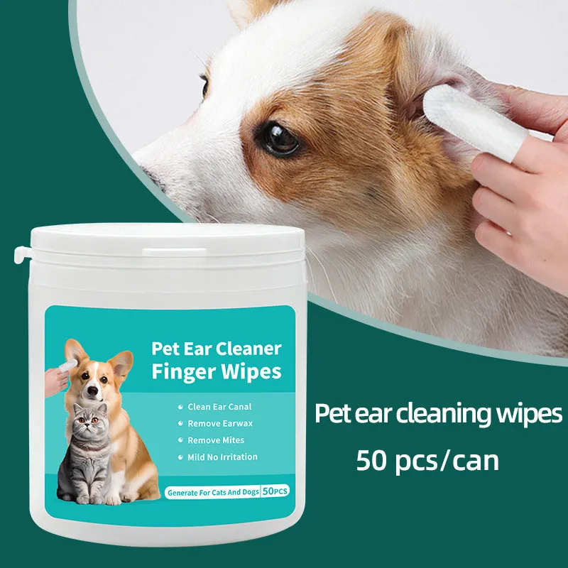 Box of disposable pet ear cleaning wipes and teeth cleaning wipes, 50 pieces each.