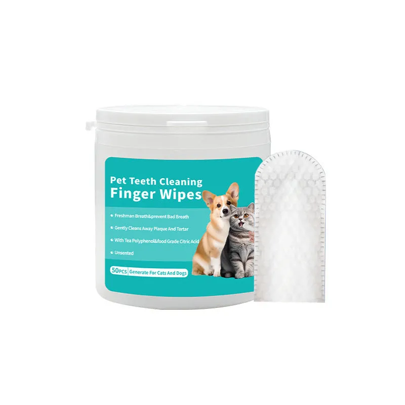 Box of disposable pet ear cleaning wipes and teeth cleaning wipes, 50 pieces each.