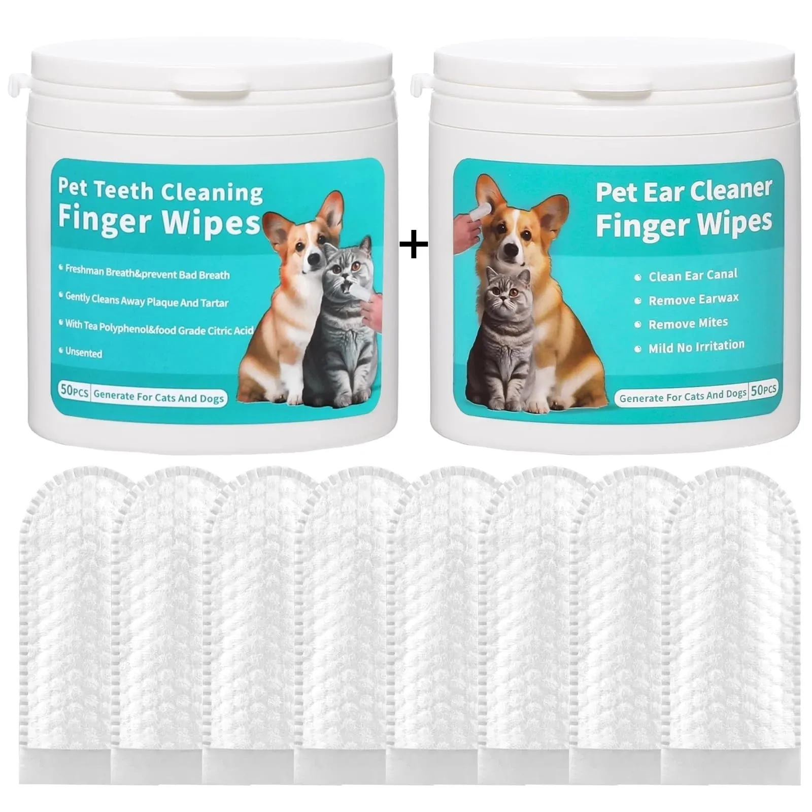 Box of disposable pet ear cleaning wipes and teeth cleaning wipes, 50 pieces each.