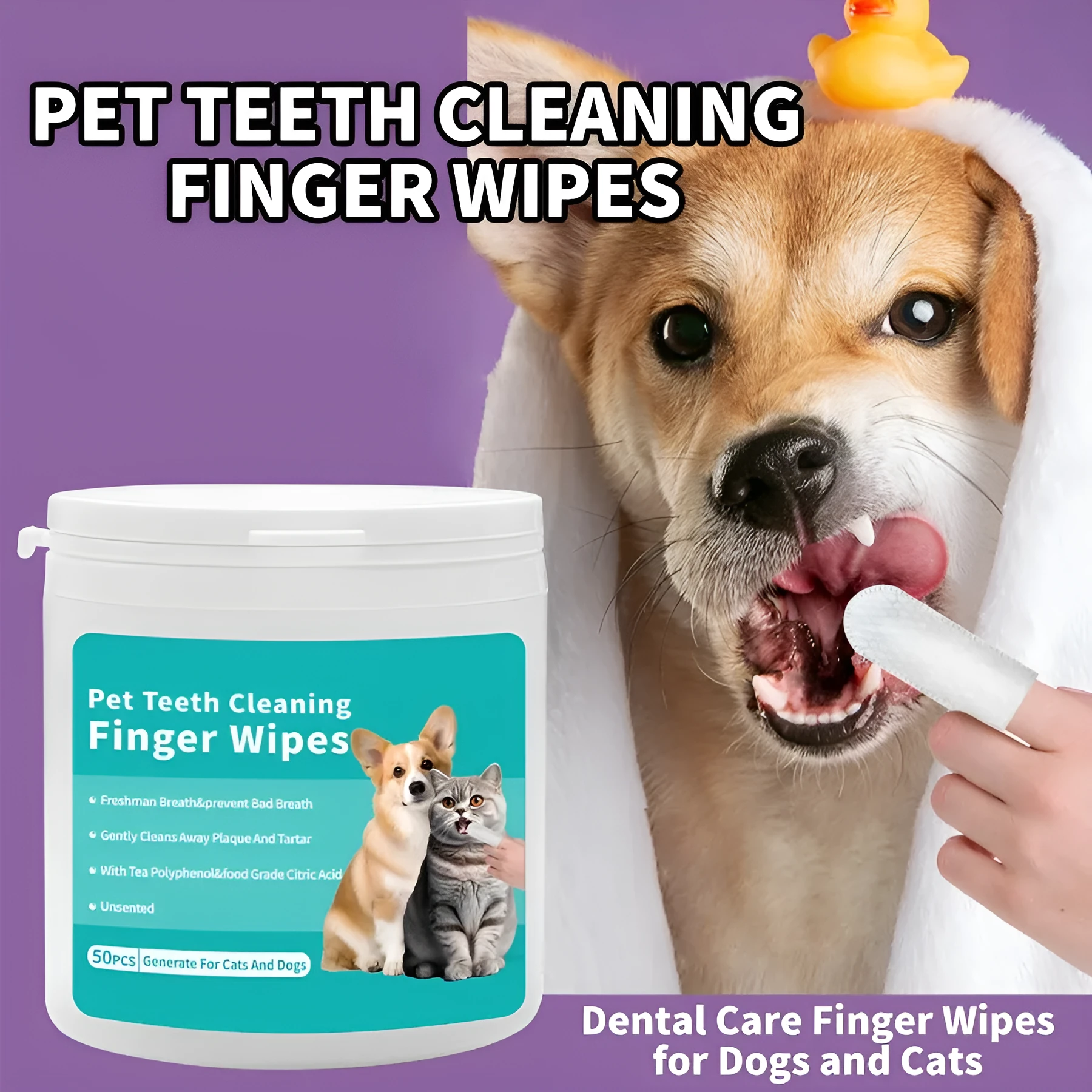 Box of disposable pet ear cleaning wipes and teeth cleaning wipes, 50 pieces each.