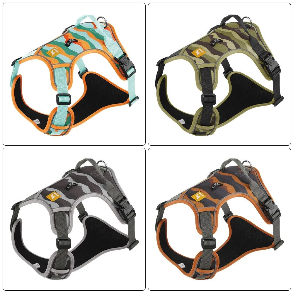 Reflective orange dog harness lead with integrated hand-holding rope on a dog's chest and back.