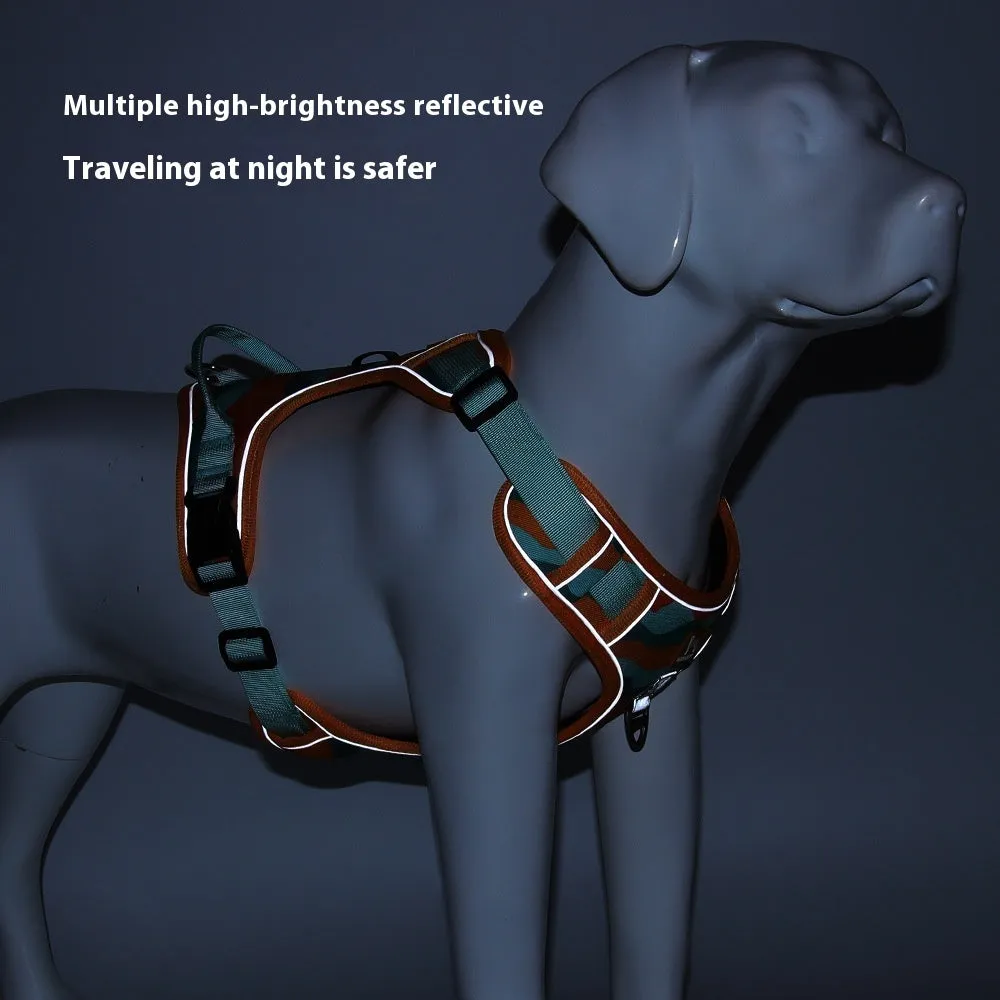 Reflective orange dog harness lead with integrated hand-holding rope on a dog's chest and back.
