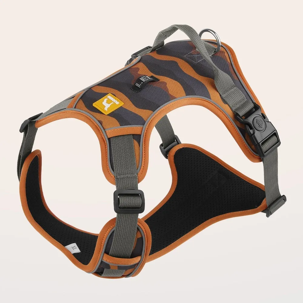 Reflective orange dog harness lead with integrated hand-holding rope on a dog's chest and back.