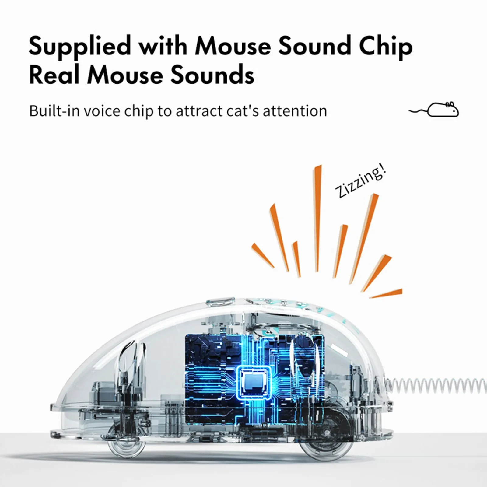 Blue electronic moving mouse cat toy with feather tail on a floor, showing scale.