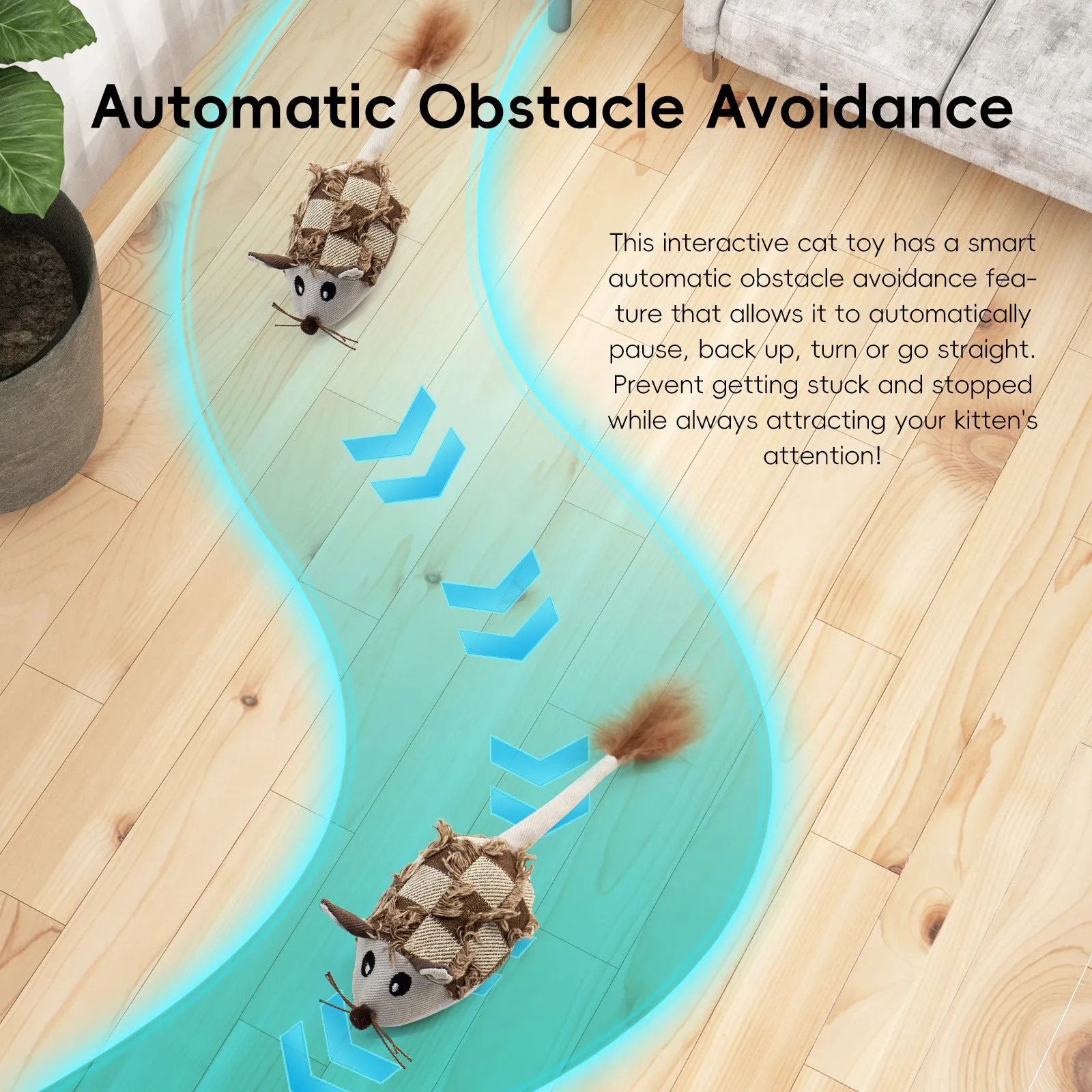 Blue electronic moving mouse cat toy with feather tail on a floor, showing scale.