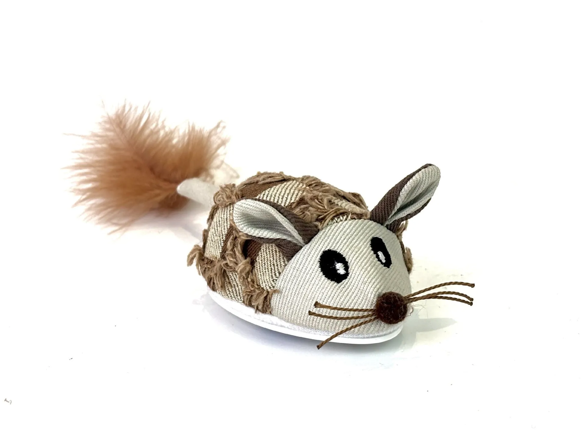 Blue electronic moving mouse cat toy with feather tail on a floor, showing scale.