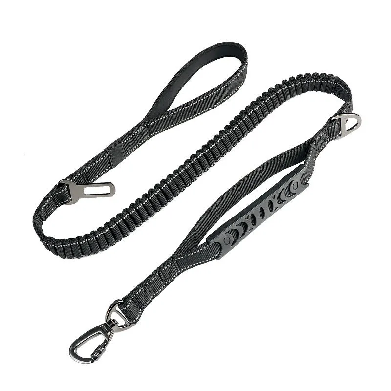 Retractable dog lead with reflective belt and rope buffer grip in black, orange, or khaki