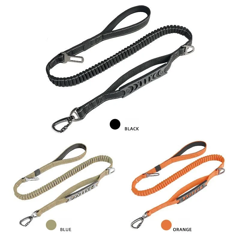 Retractable dog lead with reflective belt and rope buffer grip in black, orange, or khaki