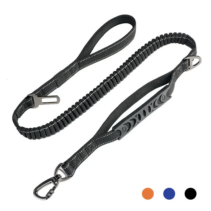 Retractable dog lead with reflective belt and rope buffer grip in black, orange, or khaki