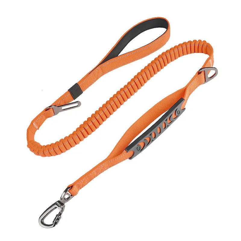 Retractable dog lead with reflective belt and rope buffer grip in black, orange, or khaki
