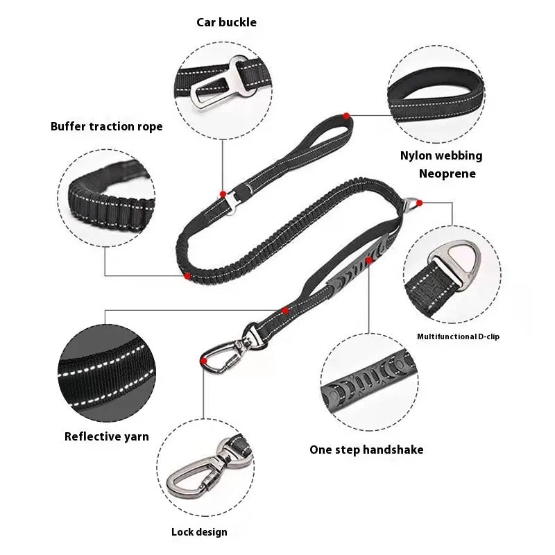 Retractable dog lead with reflective belt and rope buffer grip in black, orange, or khaki