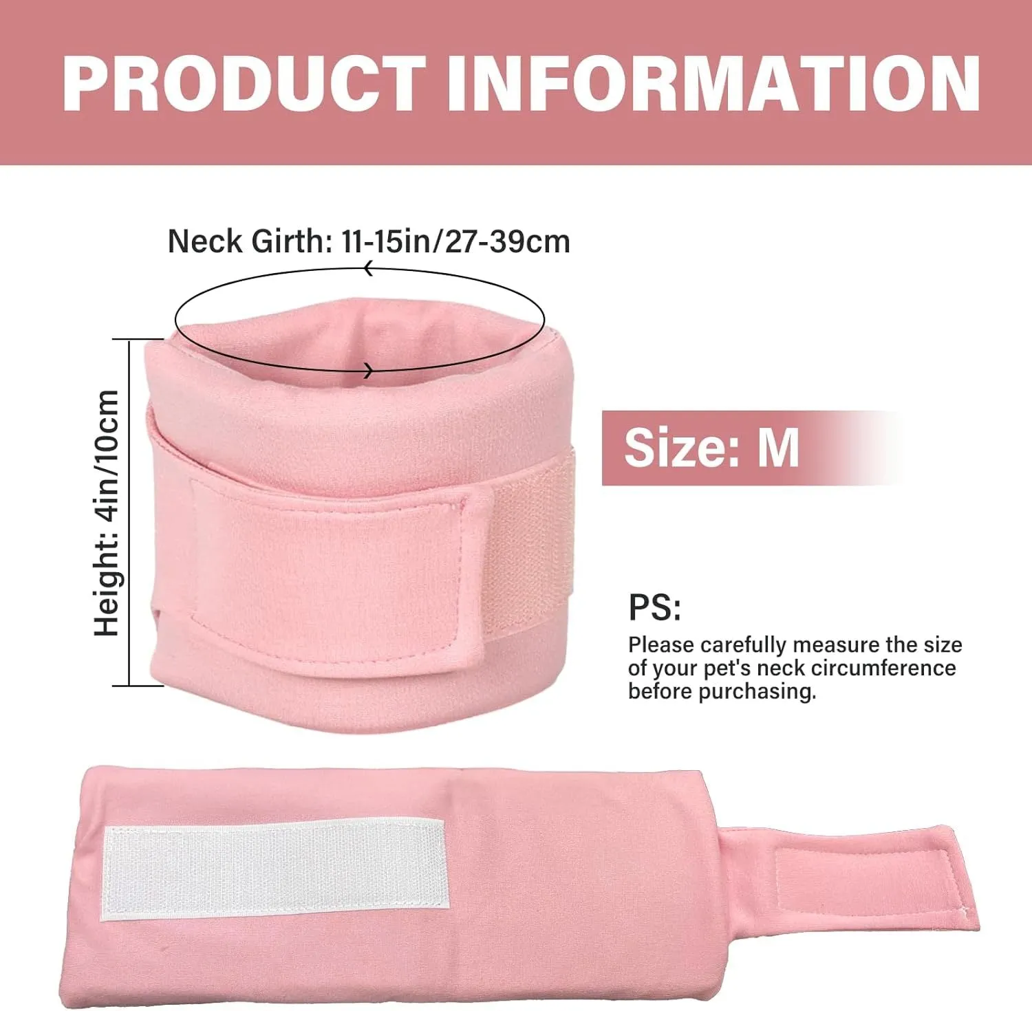Soft cat cone recovery collar in grey and pink colours showing four size options