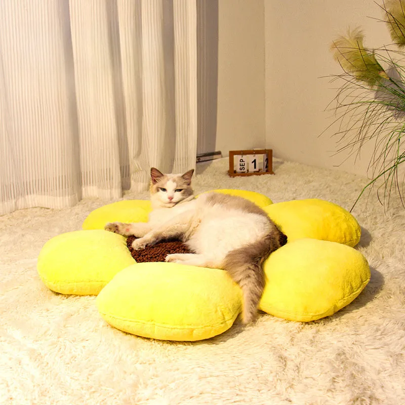 85cm round plush cat nest with flower design in blue or yellow colour options