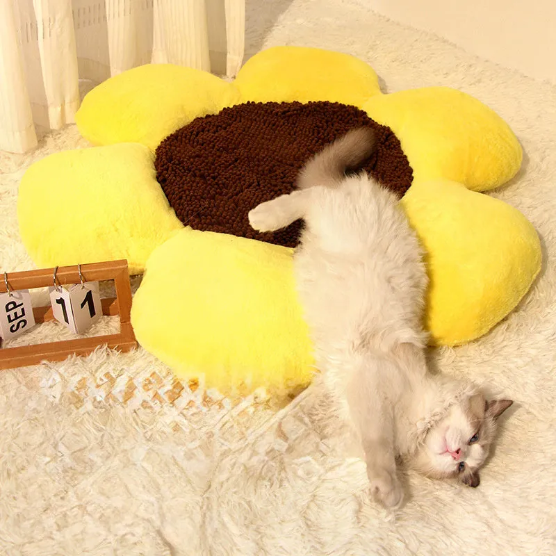 85cm round plush cat nest with flower design in blue or yellow colour options