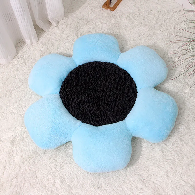 85cm round plush cat nest with flower design in blue or yellow colour options