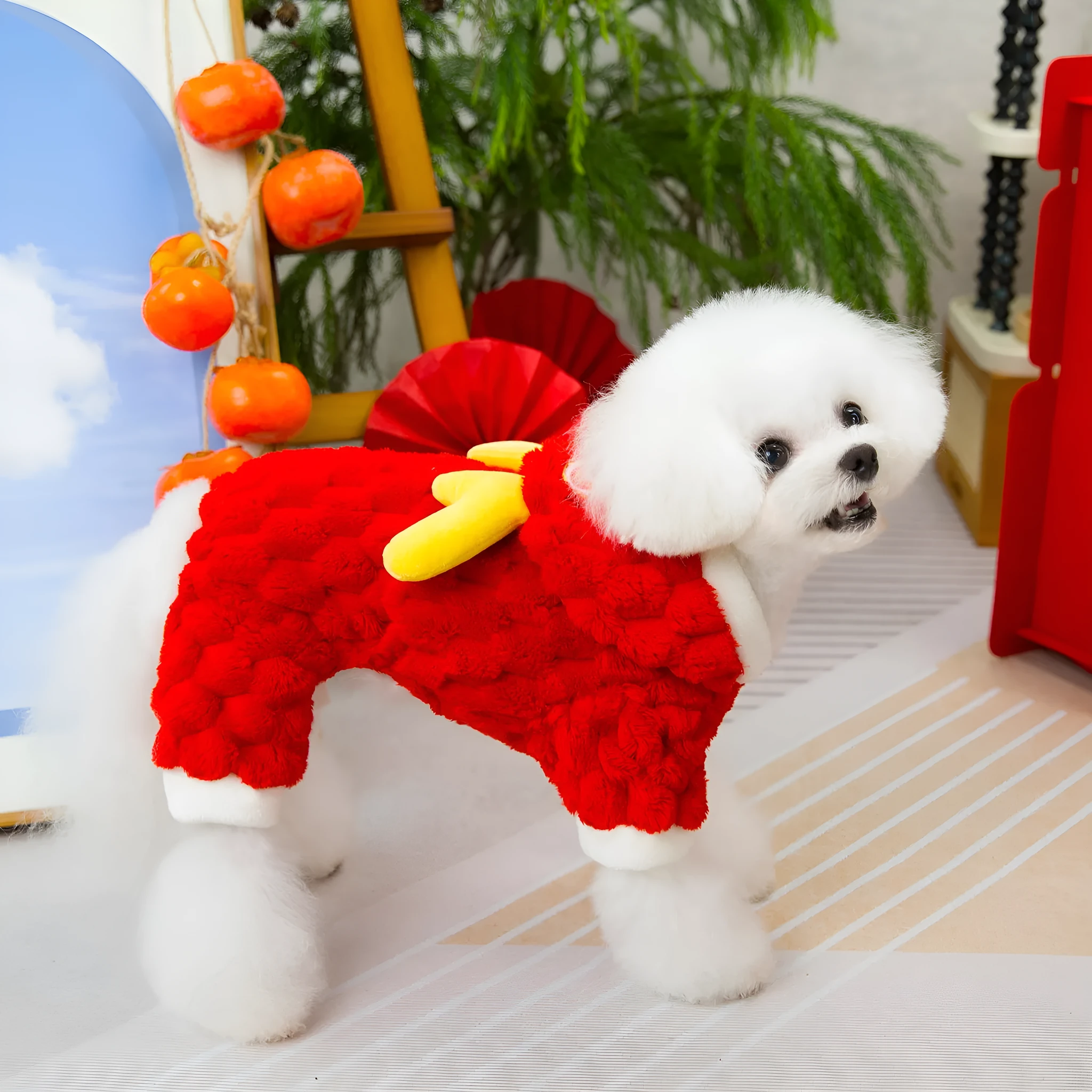 Red pet dog jacket with 24 Little Dragon cartoon design on double-sided velvet fabric