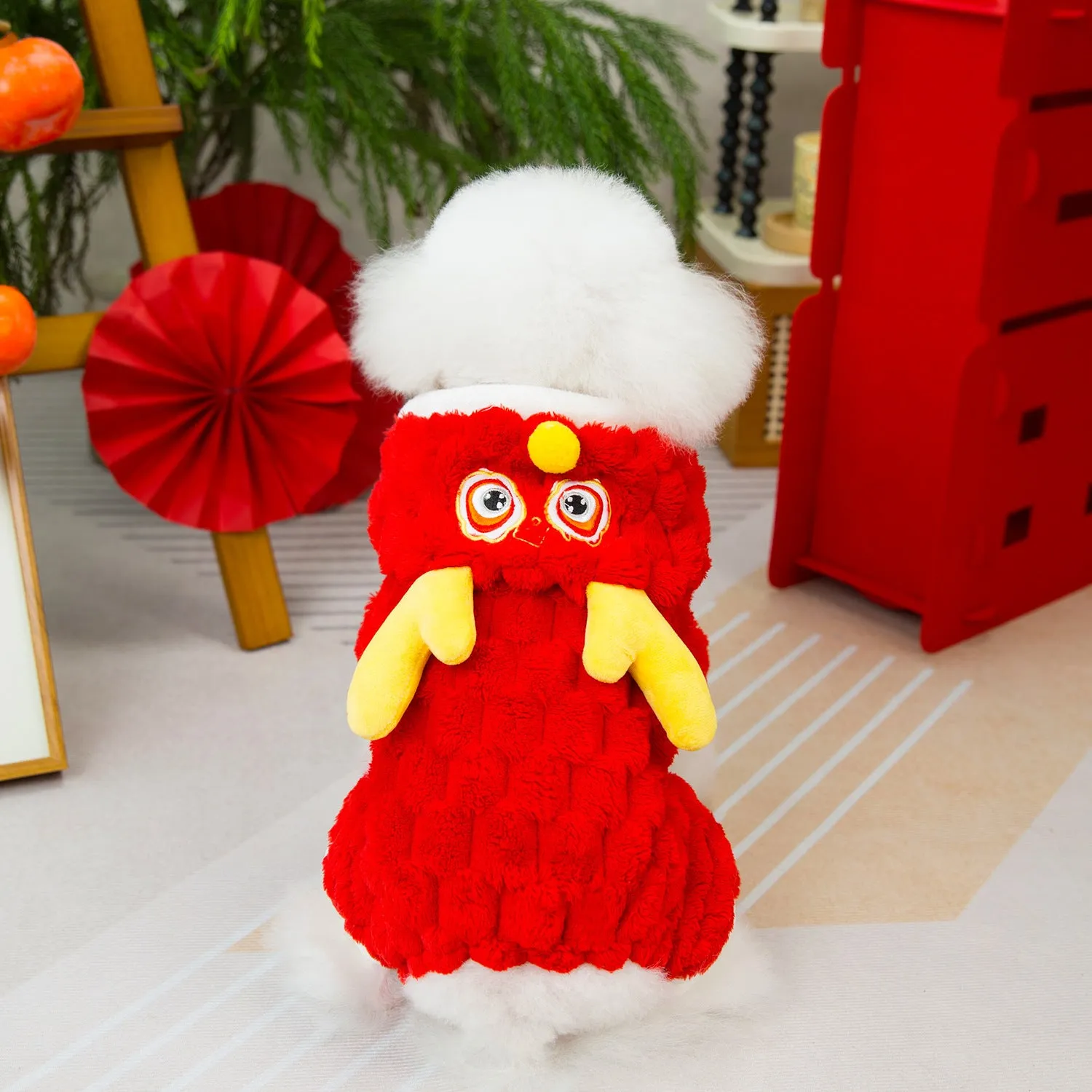 Red pet dog jacket with 24 Little Dragon cartoon design on double-sided velvet fabric