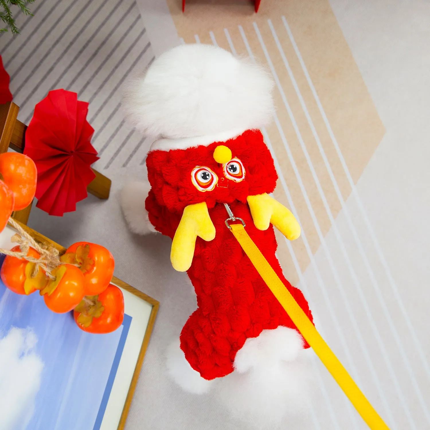 Red pet dog jacket with 24 Little Dragon cartoon design on double-sided velvet fabric