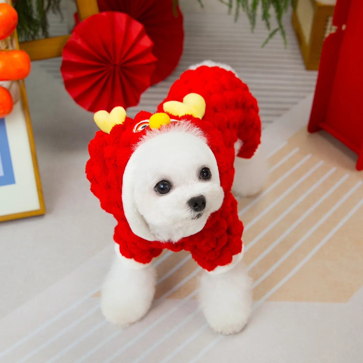 Red pet dog jacket with 24 Little Dragon cartoon design on double-sided velvet fabric