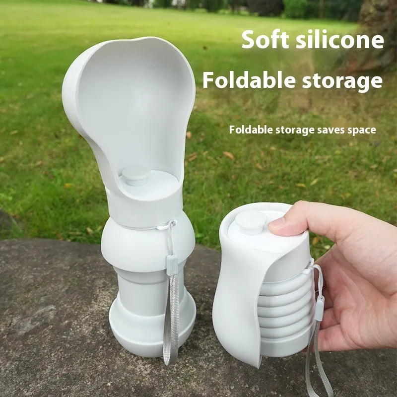 Collapsible silicone pet drinking cup shown folded and unfolded with packaging options