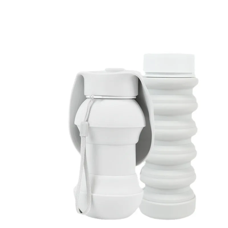 Collapsible silicone pet drinking cup shown folded and unfolded with packaging options